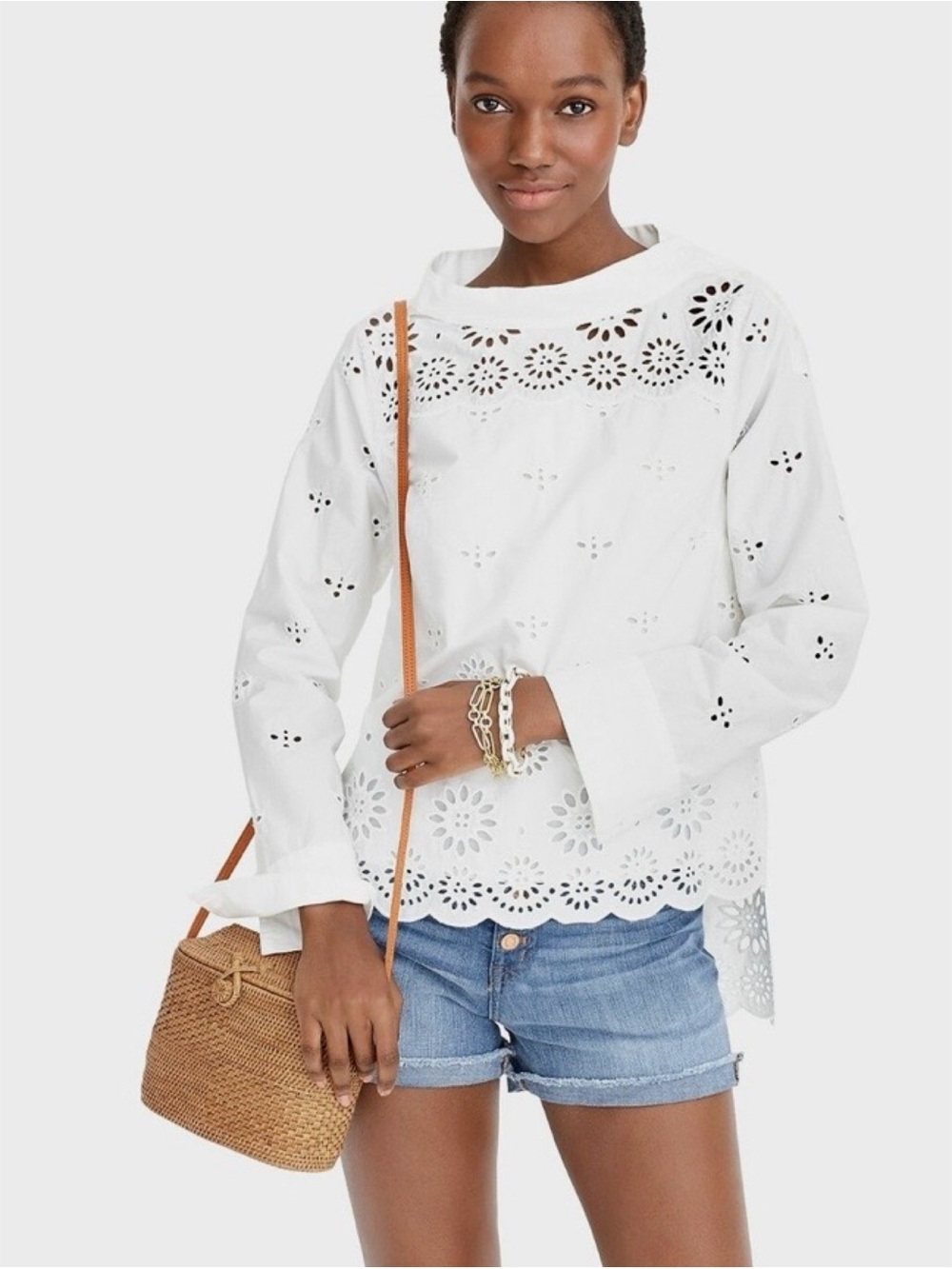 J.Crew White Cotton Eyelet Hi-Lo Funnel Boat Neck Top